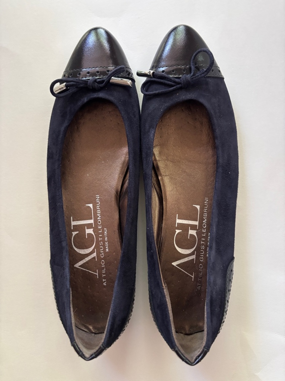 AGL Navy Suede and Leather Cap-Toe Ballet Flats with Bow